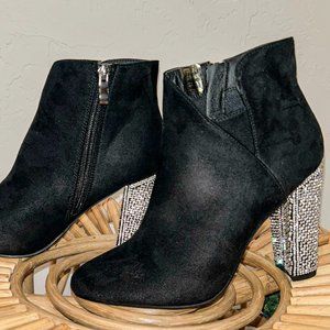 Black booties, faux suede with sparkled block heel
